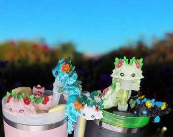 3D hand painted articulated floral axolotl dragon kosha / dragon straw cap / axolotl straw topper cover / 3d printed tumbler accessories