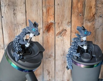 Painted 3D baby wolf dragon straw cap / 3d printed dragon animals / gray wolf dragon  straw topper cover Fidget figurines