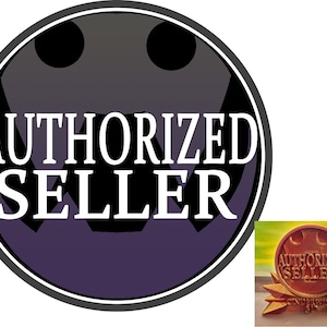 May include: A purple and black circle with the text "AUTHORIZED SELLER" in white. The circle has a stylized face with two black eyes.