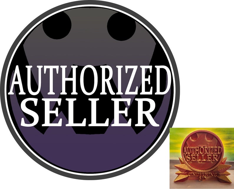 May include: A purple and black circle with the text "AUTHORIZED SELLER" in white. The circle has a stylized face with two black eyes.