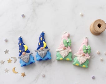 Cute clay blue wizard gnome charm / clay moon star gnome charm / pastel gnome charm bow charm jewelry stitchmarker progress keeper notions