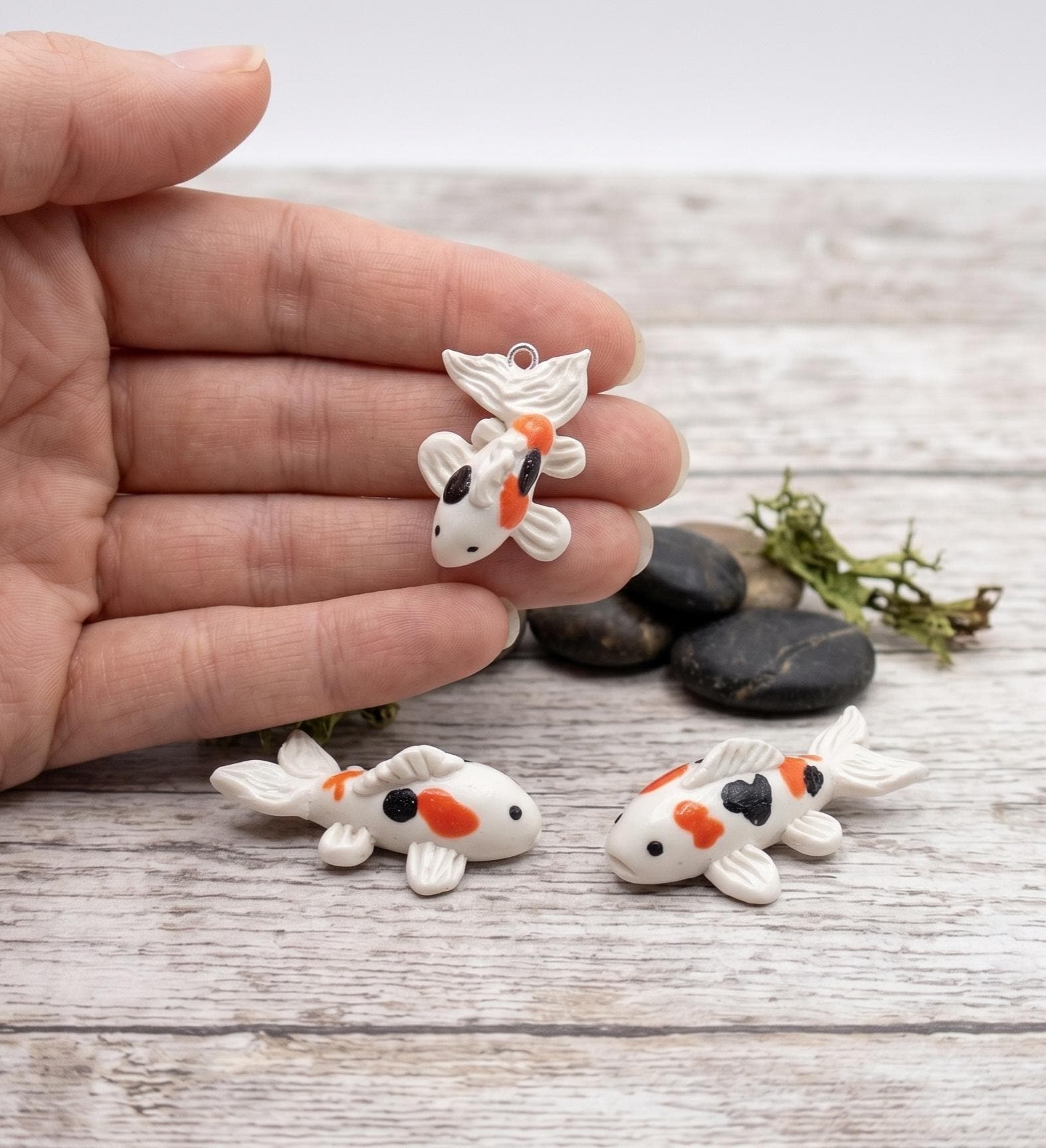 Kawaii Black White Orange Koi Fish Charms / Polymer Clay Charms