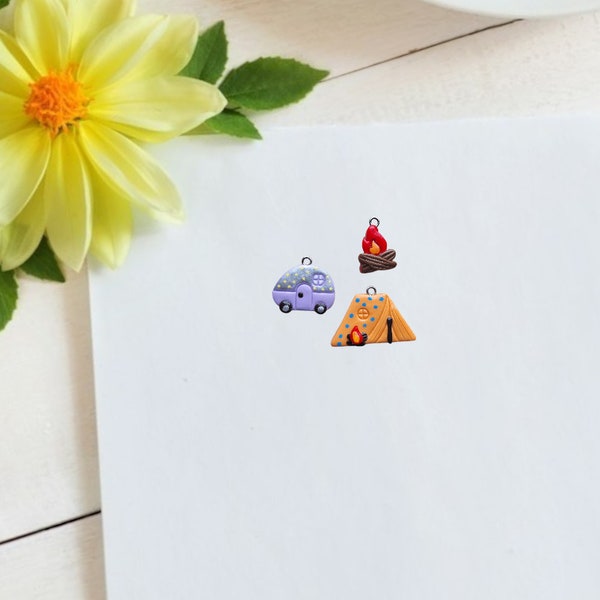 Kawaii clay camper tent campfire charms / polymer clay camping charms Retro vintage camper charms / camping jewelry stitchmarker