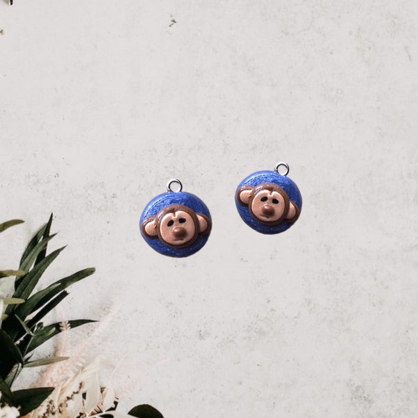 Kawaii round blue monkey charms / polymer clay monkey with banana charms / kawaii animal charms / kawaii monkey jewelry
