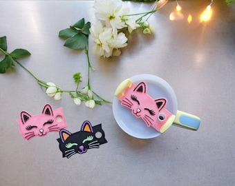 3D printed kitty cat straw tumbler topper accessories / cat face tumbler topper straw tag / pink black cat tumbler accessories for stanley