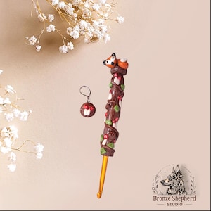 Polymer clay fall fox mushroom toadstool crochet hook matching stitch marker / forest fox crochet hook knitting accessory