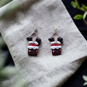 Kawaii clay santa claus earrings / polymer clay chimney santa holiday earrings / christmas holiday winter jewelry santa in chimney earrings