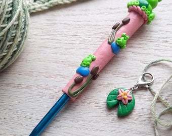 Haaknaald in de vorm van een kikker van polymeerklei, steekmarkeerder / haaknaald in de vorm van een pad / haaknaald in de vorm van een waterlelie met kikkermotief, breiaccessoire