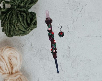 Polymer garden fairy floral wand rose quartz crochet crochet hook / clay wizard wand crystal wand crochet hook knitting accessory