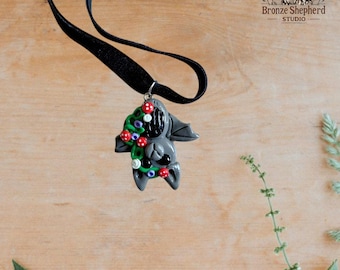 Polymer clay floral toadstool bat pendant / handmade hand molded black gray bat pendant necklace gift statement jewelry fall autumn