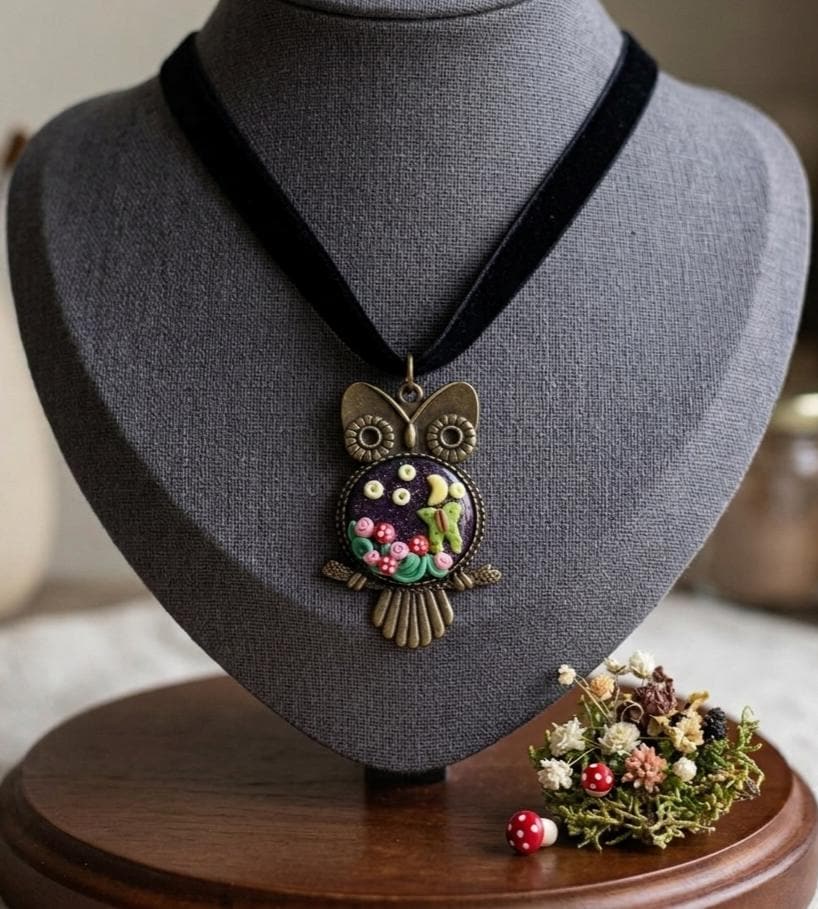 Polymer clay bronze tone owl garden scene pendant / handmade hand molded luna moth owl pendant / lun