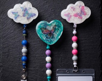 Beaded butterfly badge reel / heart cloud medical school ID badge reel / gift for teacher nurse