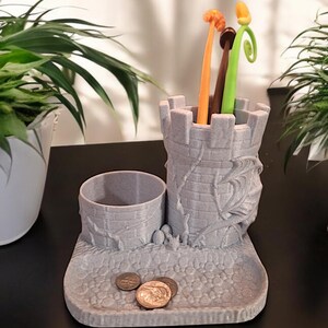Painted 3D dragon castle desk organizer / dragon pen utensil holder / 3d printed tabletop work supply holder desk accessories