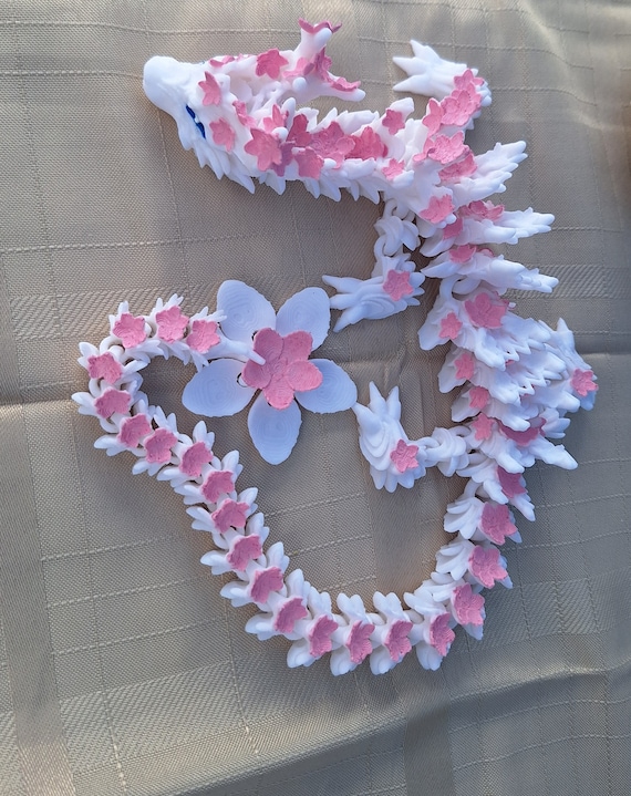 Hand Painted 3D Articulated White Pink Cherry Blossom Dragon / 3d