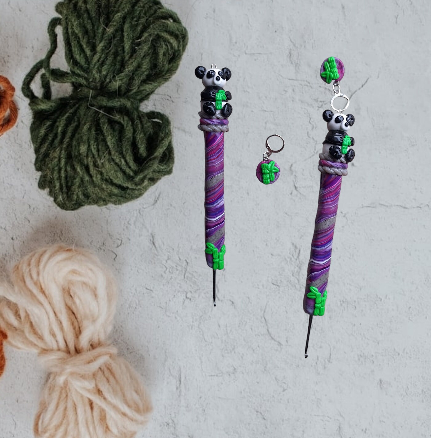 Polymer Clay Purple Swirl Panda Bamboo Crochet Hook Stitch Marker