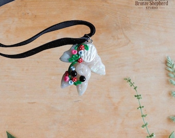 Polymer clay floral toadstool bat pendant / handmade hand molded opal white bat pendant necklace gift statement jewelry fall autumn