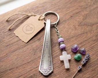 Upcycled silverplate silverware floral beaded keychain / recycled spoon keychain gift quartz cross