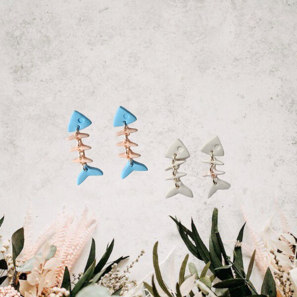 Kawaii matte blue white fish earrings / polymer clay fish bone earrings / kawaii ocean aquatic jewelry / clay fish skeleton earrings matte