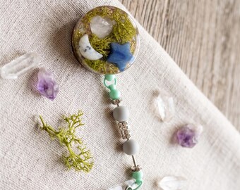 Beaded faux moss crystals badge reel / heart moon star heart crystal medical school ID badge reel / gift for teacher nurse