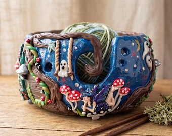 Handmade clay large fairy forest toadstool yarn bowl with hook and marker / fairy house whimsical yarn bowl crochet knitting accessory