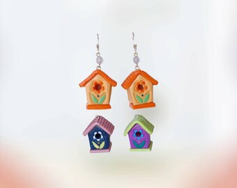 Kawaii 3d birdhouse earrings / polymer clay 3d birdhouse earrings / kawaii floral bird jewelry /  birdhouse charms