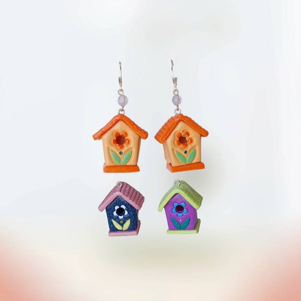 Kawaii 3d birdhouse earrings / polymer clay 3d birdhouse earrings / kawaii floral bird jewelry /  birdhouse charms