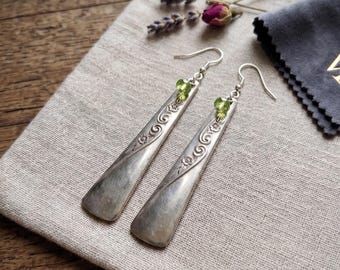 Upcycled silverplate silverware floral dangle earrings / recycled spoon jewelry gift flower stripe green