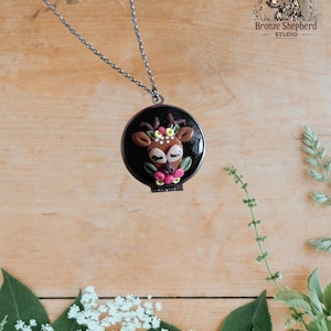 Polymer clay round locket necklace / handmade hand molded baby deer pendant / floral deer jewelry gift