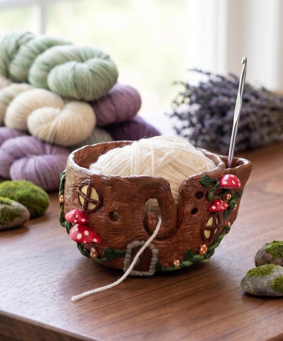 Handmade Clay Red Mushroom toadstool Yarn Bowl: Whimsical Forest Decor