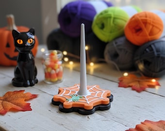 Cute halloween spider web yarn spinner / 3d spider floral yarn spinner figurine knick knack yarn spinner knitting crochet accessory