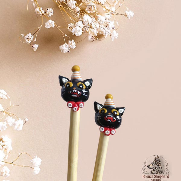 2 schwarze Katzen Stricknadeln im Vintage-Stil / dekoratives Stricknadel Set aus Polymer Clay