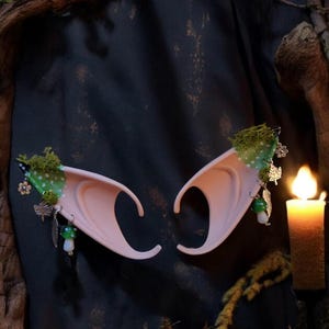 May include: A pair of pink elf ears with green and white polka dot fabric and moss accents. The ears are decorated with charms, including a mushroom, a leaf, and a feather.