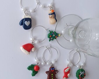 Set of 8 Christmas wine charms / holiday wine charms / snowman wine charms / set of 8 polymer clay wine charms