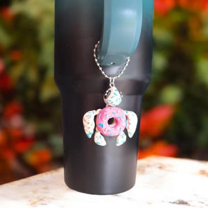 Painted 3D pink frosted donut turtle tumbler handle charm / 3d printed turtle animal donut crystal turtle tumbler charm Fidget