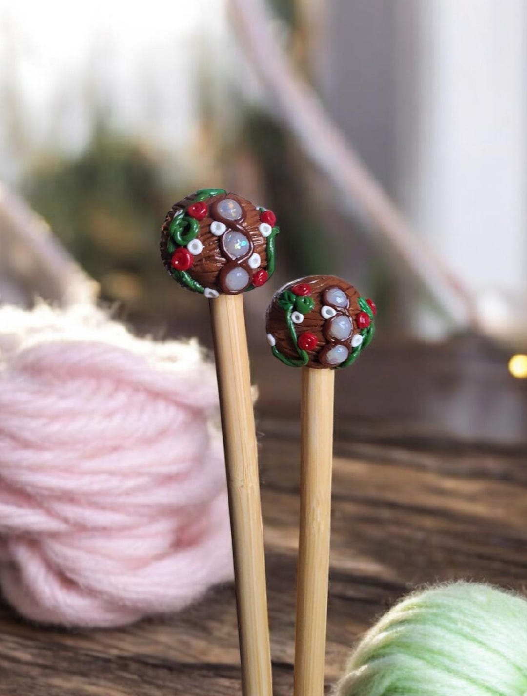 Unique Needles Set of 2 Opal Rose Vine Knitting Needles / Polymer Clay Knitting ...