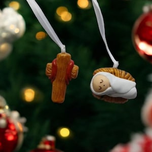 Baby Jesus ornament / cross ornament / religious ornament / polymer clay christmas ornament / Manger ornament / nativity ornament set of 2