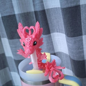 Painted 3D pink white light heart dragon straw cap / 3d printed dragon animals / lightheart dragon straw topper cover Fidget figurines