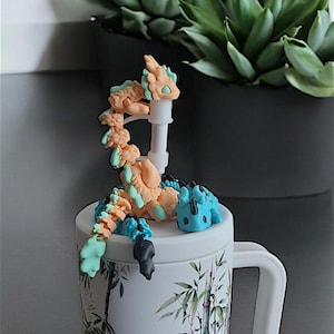 Painted 3D articulated cute kaida dragon straw cap / 3d printed dragon animals / colorful dragon straw topper cover Fidget figurines