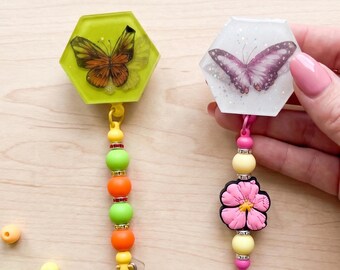 Beaded butterfly badge reel / hexagon butterfly medical school ID badge reel / gift for teacher nurse
