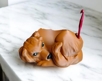 Hand painted 3D brown dog yarn bowl / 3d printed puppy dog animals figurine knick knack yarn bowl knitting crochet bowl
