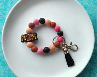 シリコンビーズリストレットキーチェーン / フットボールママシリコンビーズリストレットキーチェーン / ヒョウ柄バッグアクセサリーキーチェーン