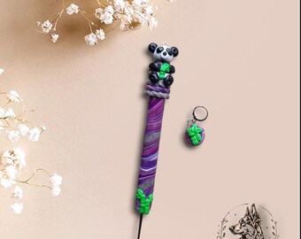 Polymer clay purple swirl panda bamboo crochet hook stitch marker / panda crochet hook / animal panda bear crochet hook knitting accessory