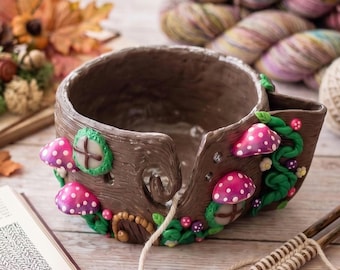Handmade clay pink purple mushroom toadstool forest yarn bowl / daisy fairy house whimsical yarn bowl crochet knitting accessories tools