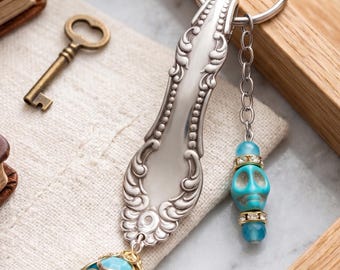 Upcycled silverplate silverware floral beaded keychain / recycled spoon keychain gift skull teal turquoise