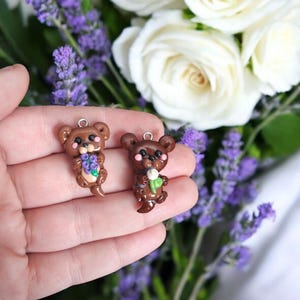 Kawaii otter charms / polymer clay otter with white rose charms / otter with lavender jewelry stitchmarker progress keeper notions