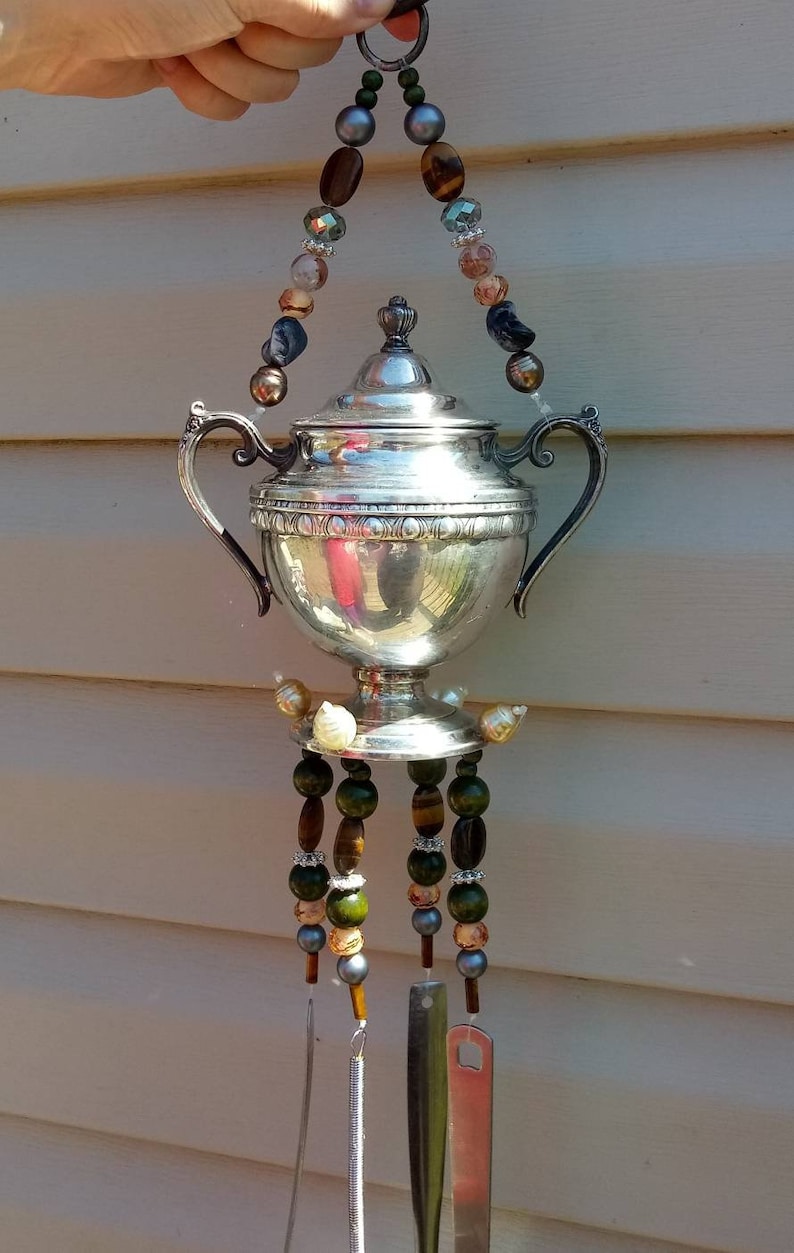 Silverplate sugar bowl creamer teapot wind chime teapot wind chime silverware windchime tiger eye beads