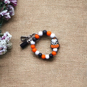 Llavero de pulsera con cuentas de silicona / otoño halloween con cuentas pulsera fantasma llavero / calabaza vaca impresión bolsa accesorios llavero regalo
