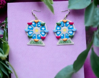 Kawaii ferris wheel earrings / polymer clay dangle earrings / clay fair ride ferris wheel jewelry / clay carnival fair earrings