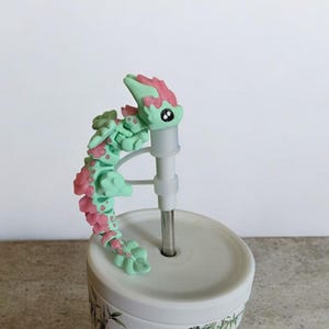 Painted 3D leafy winged floral sakura dragon straw cap / 3d printed dragon animals / cute sakura straw topper cover Fidget figurines