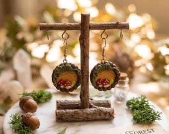 Kawaii clay autumn fairy door earrings / polymer clay mushroom bookcase earrings toadstool jewelry / fall cottage core earrings